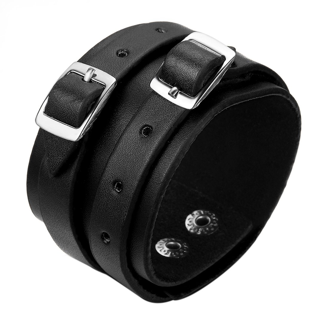 Mens Leather Cuff Bracelet Cool Gothic Double-Band Wide Leather